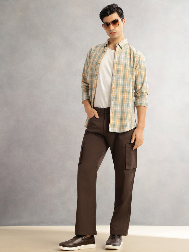 Thomas Scott Men Dark Brown Cricket Club Straight Fit Mid-Rise Solid 100% Cotton Woven Cargo Trouser