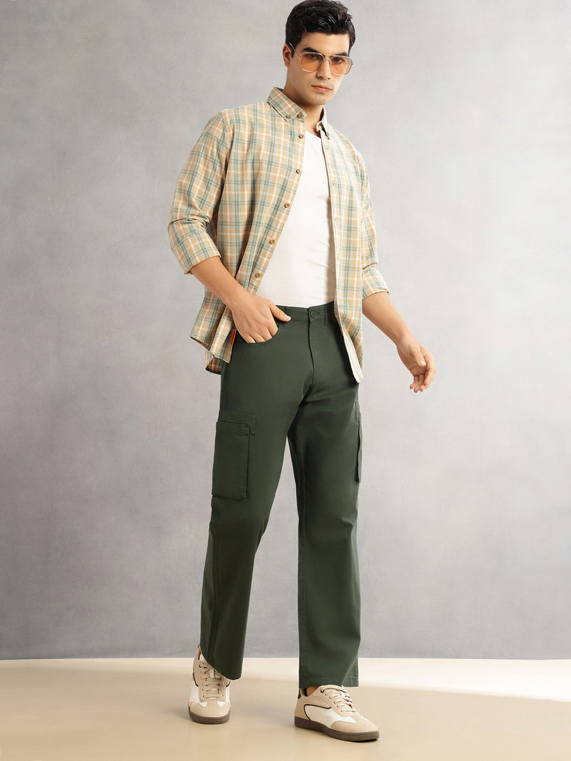 Thomas Scott Men Dark Green Cricket Club Straight Fit Mid-Rise Solid 100% Cotton Woven Cargo Trouser