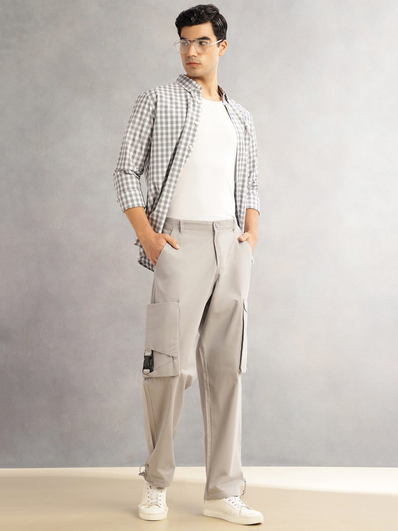 Thomas Scott Men Light Grey Cricket Club Relaxed Fit Mid-Rise 100% Cotton Woven Cargo Trouser