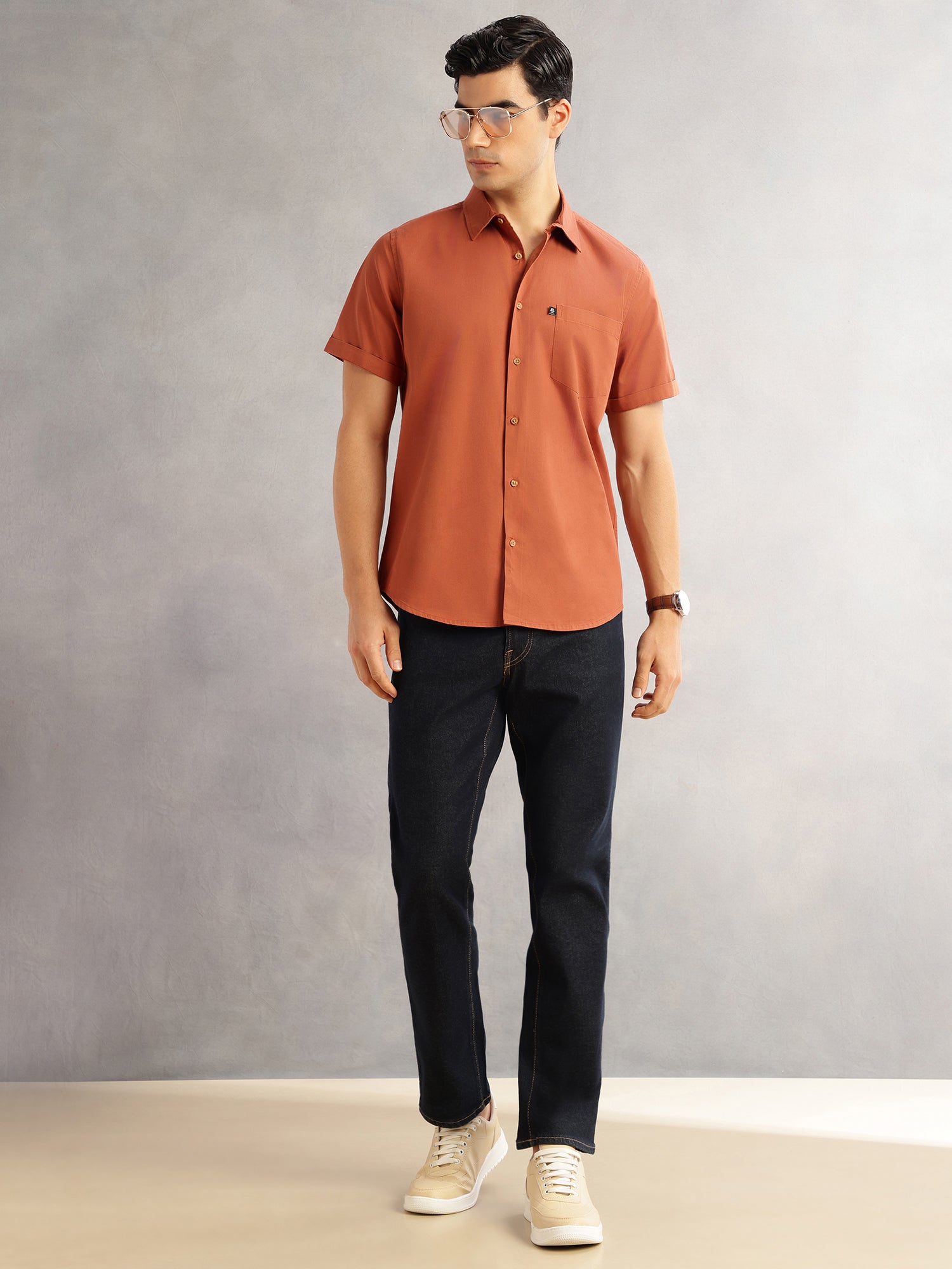Thomas Scott Men Rust Premium Slim Fit Short Sleeves Spread Collar Solid 100% Cotton Casual Shirt