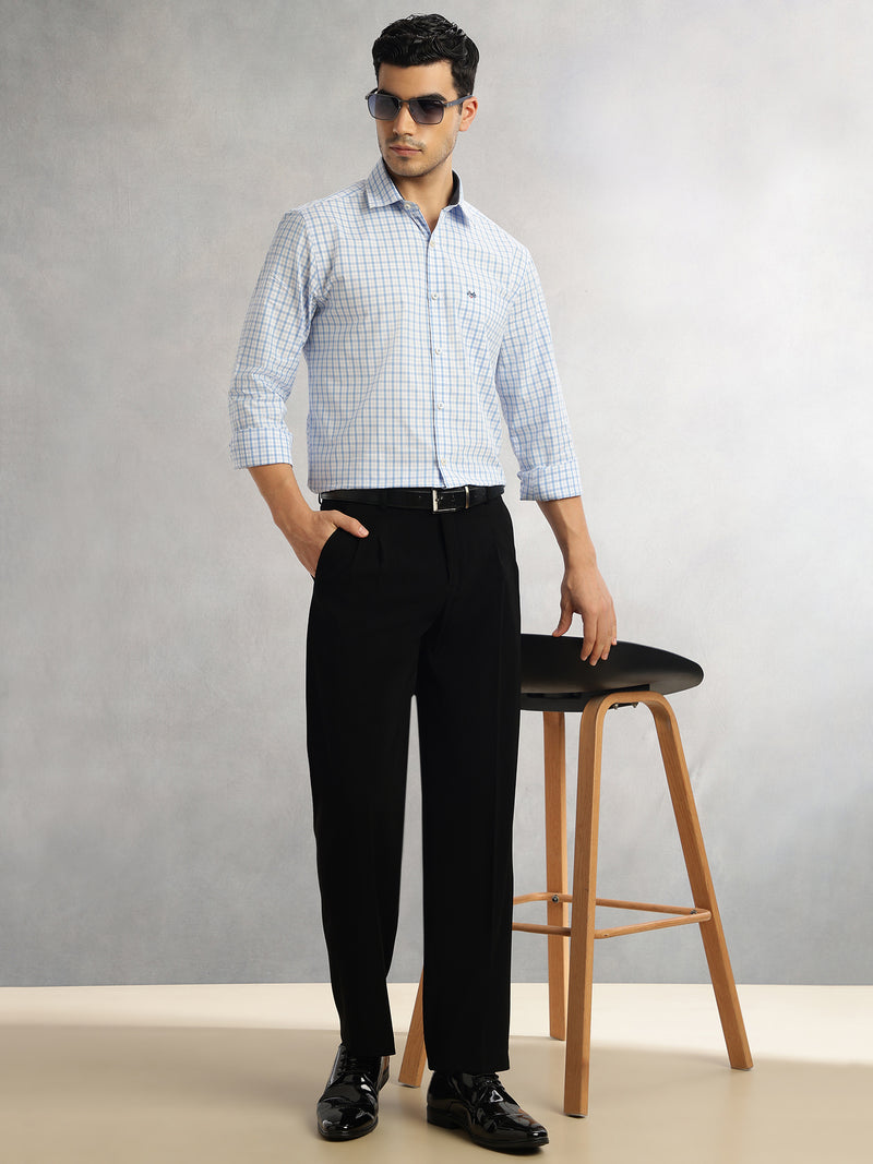 Thomas Scott Men Blue Regular Fit Long Sleeves Spread Collar Grid Tattersall Checks 100% Cotton Formal Shirt