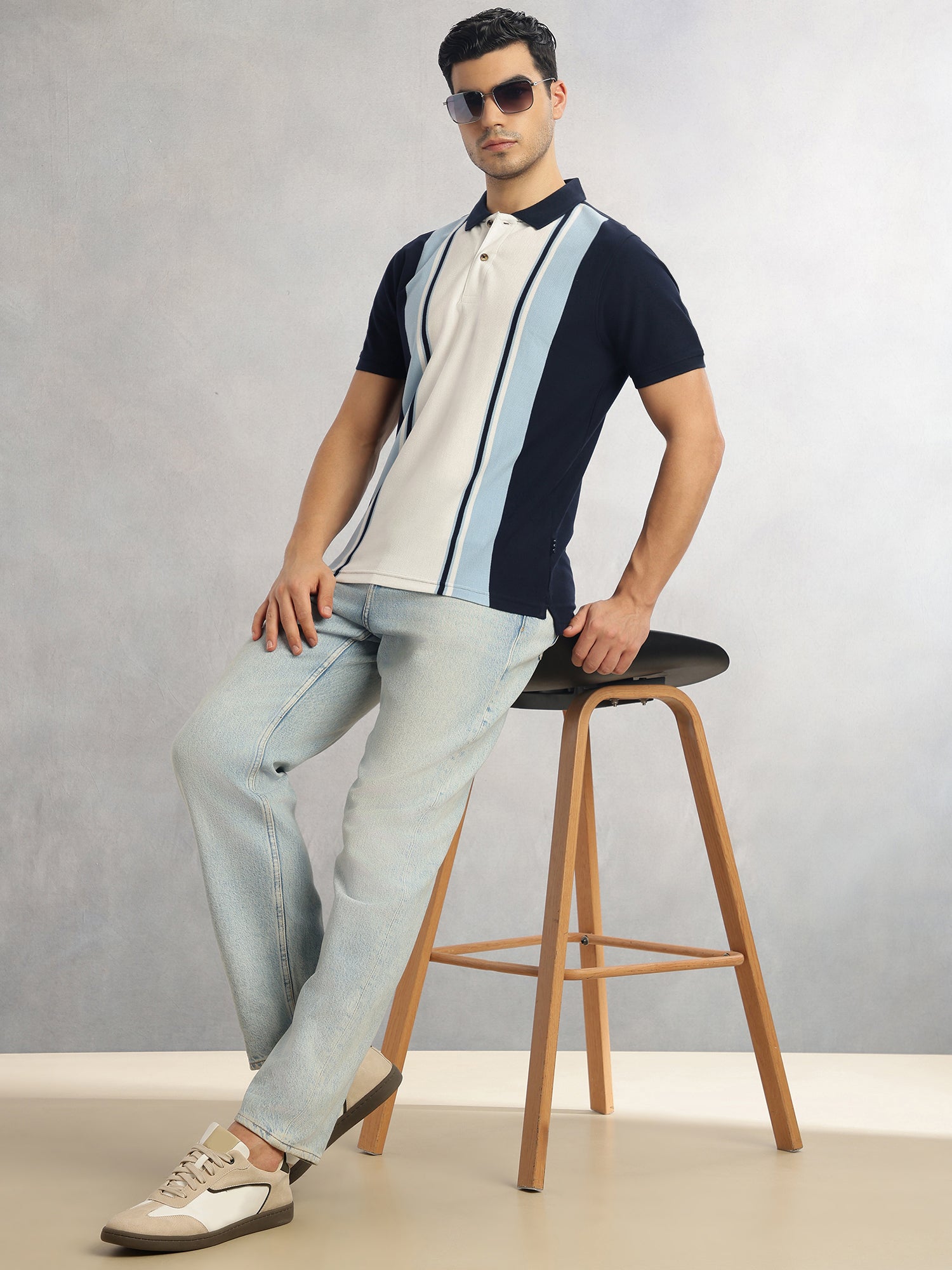 Thomas Scott Men Navy Regular Fit Short Sleeves Striped Cotton Polyester Knitted Polo Collar Tshirt