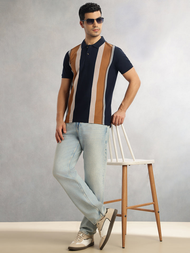 Thomas Scott Men Navy Regular Fit Short Sleeves Striped Cotton Polyester Knitted Polo Collar Tshirt