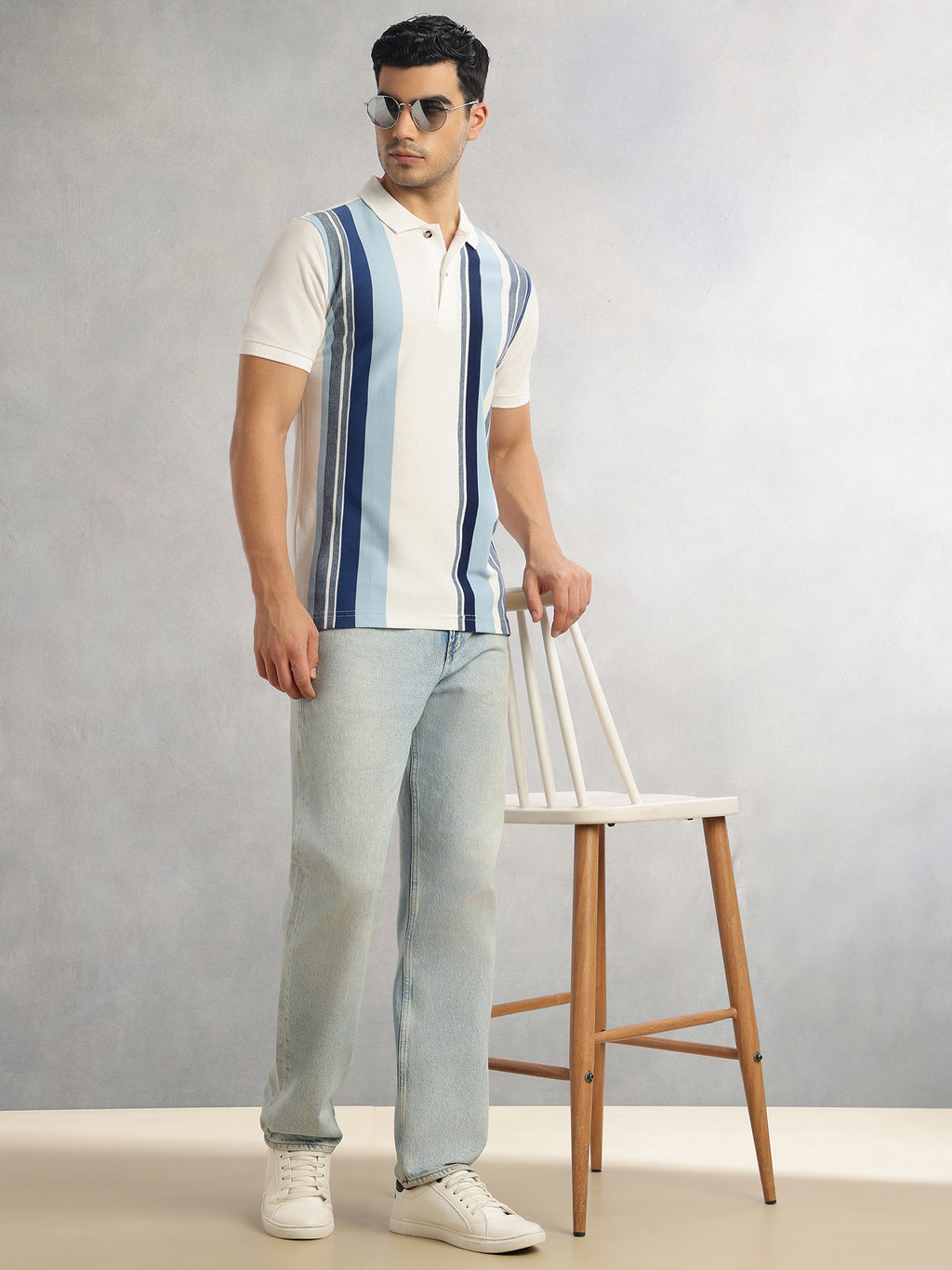Thomas Scott Men Steel Blue Regular Fit Short Sleeves Striped Cotton Polyester Knitted Polo Collar Tshirt