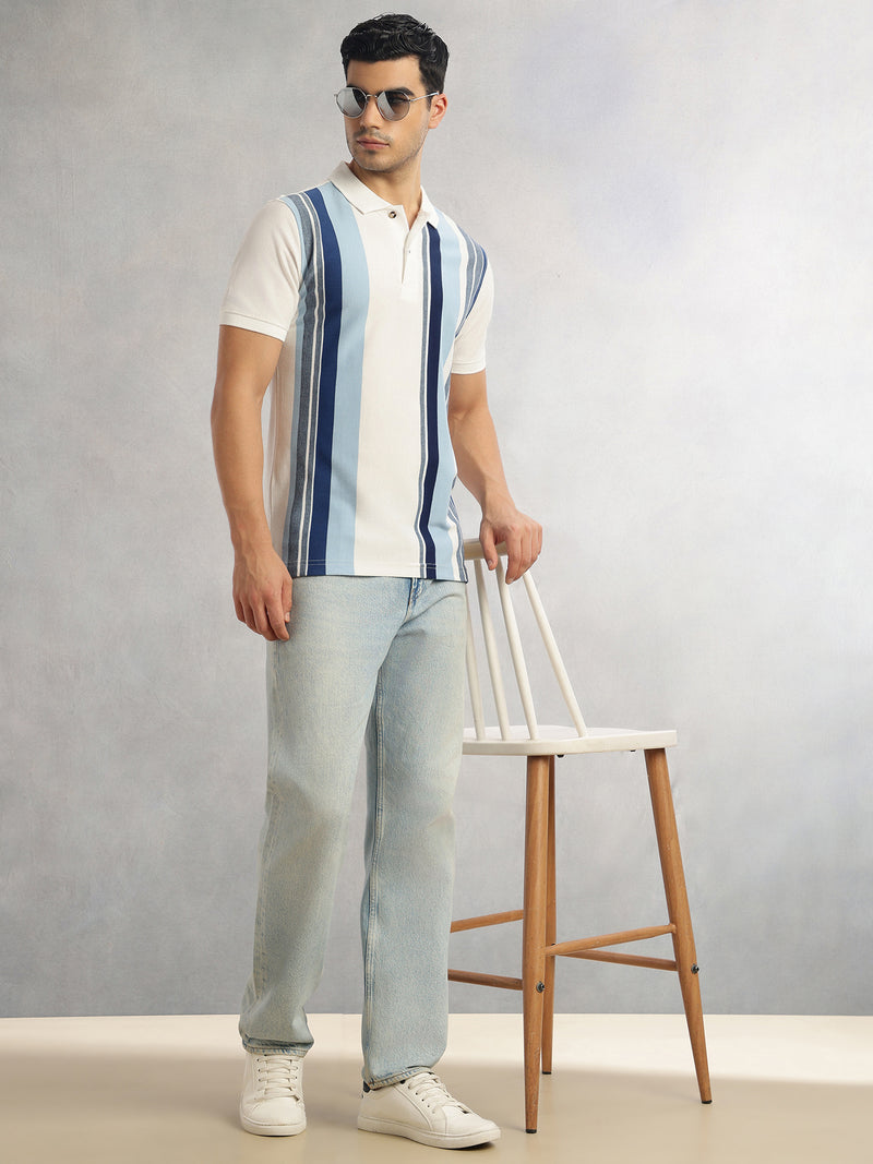 Thomas Scott Men Steel Blue Regular Fit Short Sleeves Striped Cotton Polyester Knitted Polo Collar Tshirt