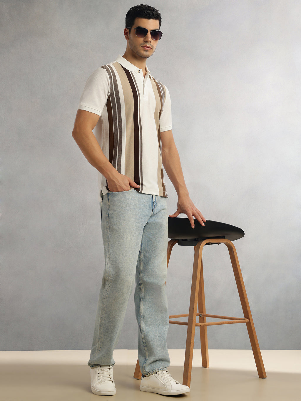 Thomas Scott Men Brown Regular Fit Short Sleeves Striped Cotton Polyester Knitted Polo Collar Tshirt