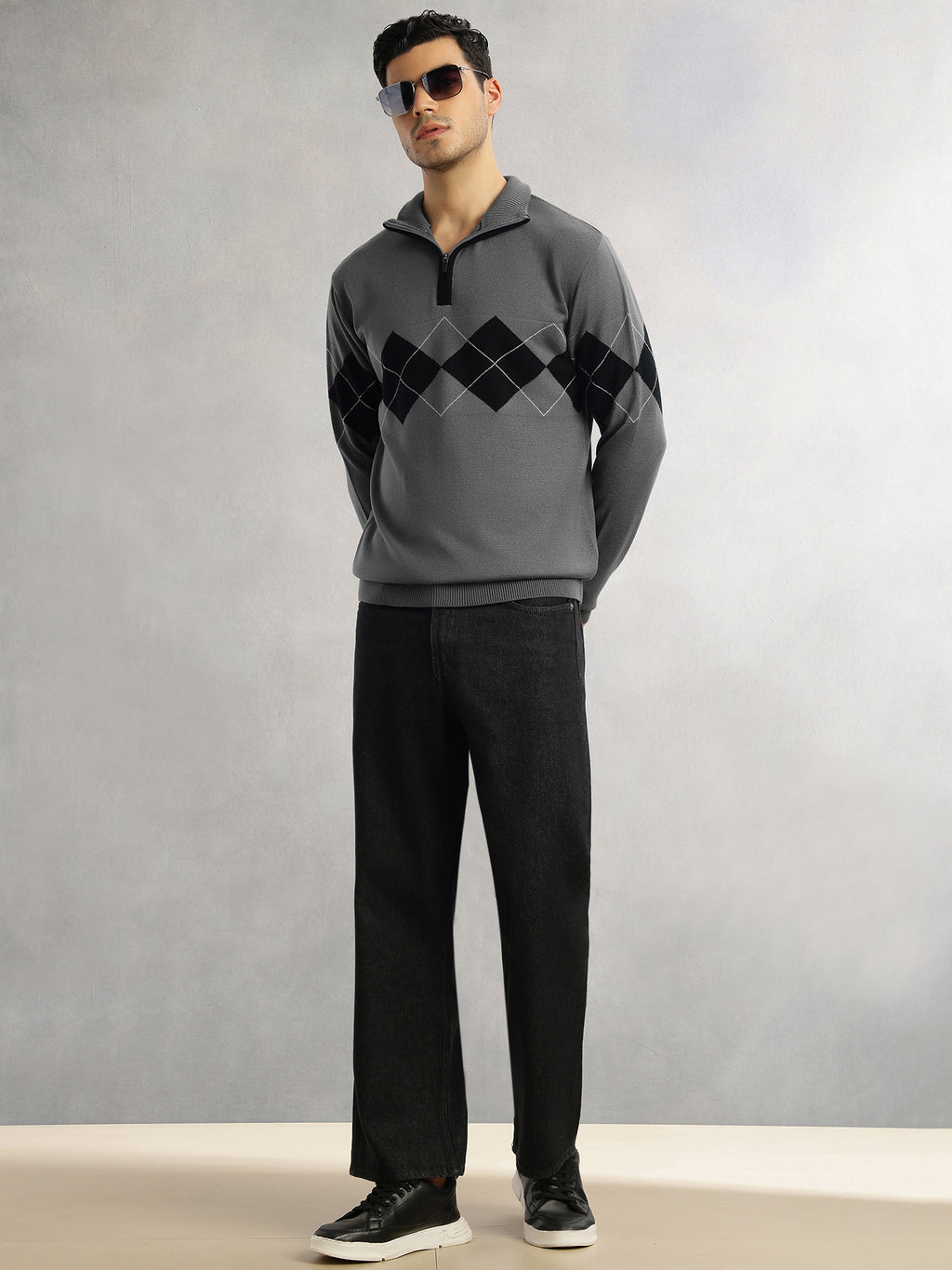 Thomas Scott Men Grey Regular Fit Long Sleeves High Neck Self Design 100% Acrylic Knitted Pullover Sweatshirt