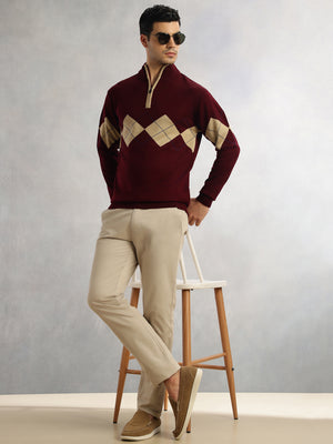 Thomas Scott Men Wine Regular Fit Long Sleeves High Neck Self Design 100% Acrylic Knitted Pullover Sweatshirt