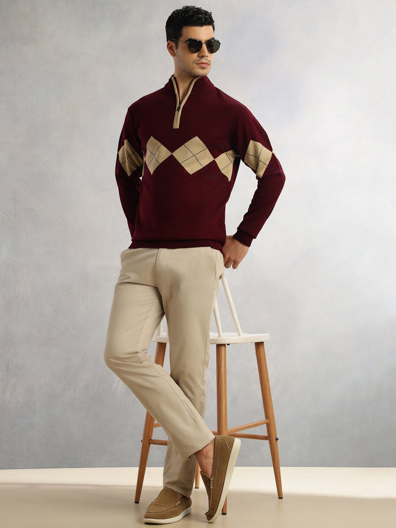 Thomas Scott Men Wine Regular Fit Long Sleeves High Neck Self Design 100% Acrylic Knitted Pullover Sweatshirt