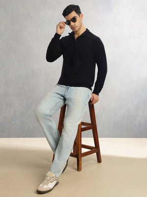 Thomas Scott Men Black Regular Fit Long Sleeves High Neck Solid Knitted Pullover Sweatshirt