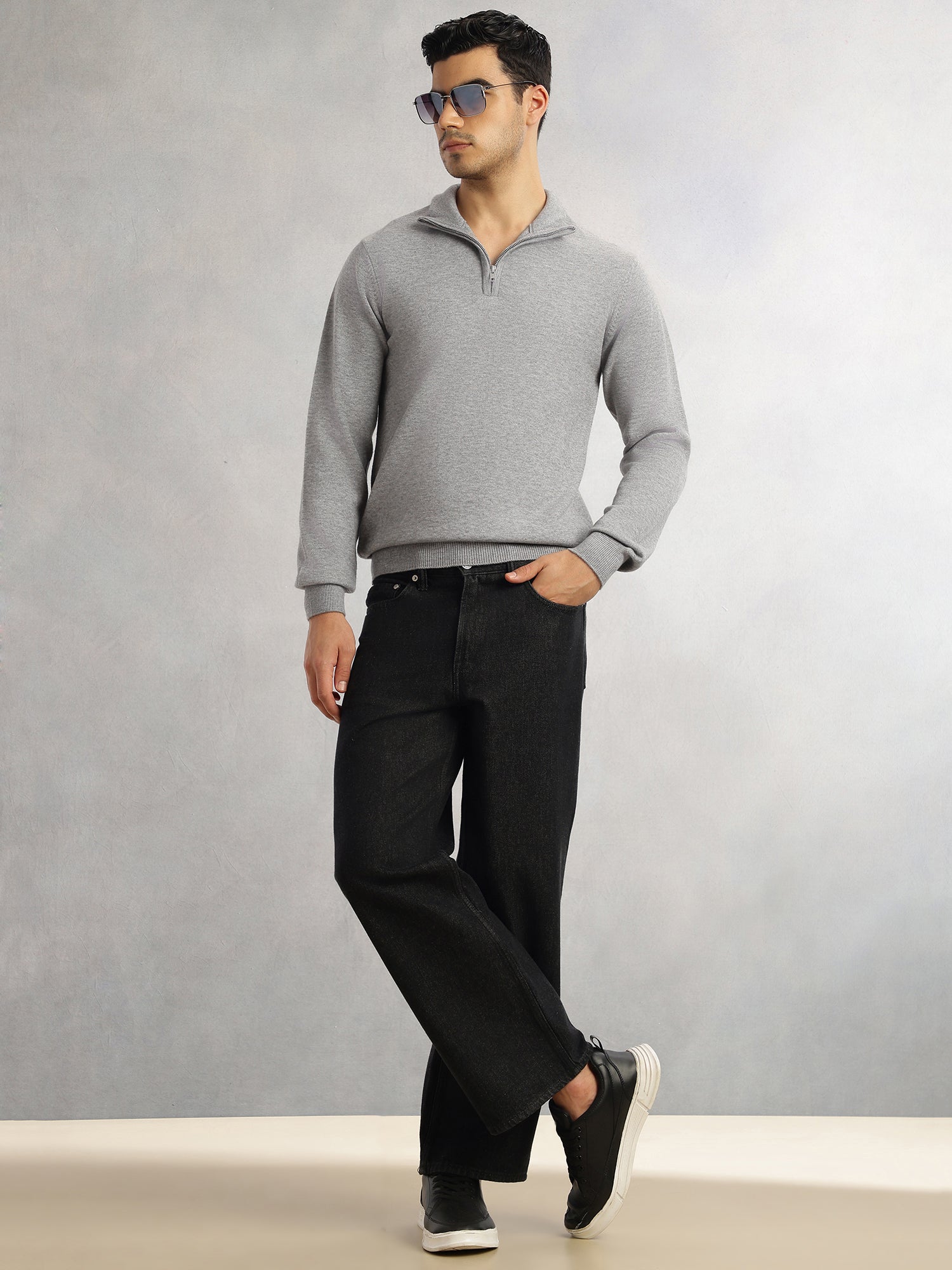 Thomas Scott Men Grey Regular Fit Long Sleeves High Neck Solid Knitted Pullover Sweatshirt