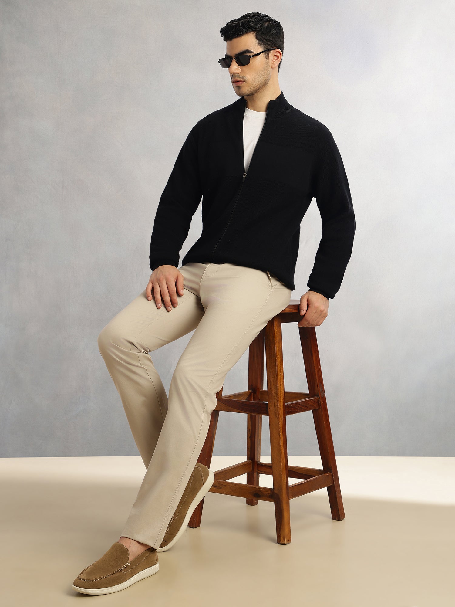 Thomas Scott Men Black Regular Fit Long Sleeves 100% Cotton Solid Front Open Knitted Sweatshirt
