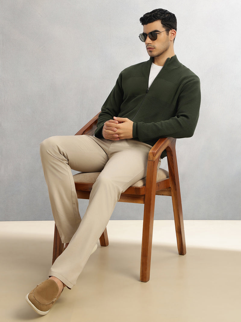 Thomas Scott Men Olive Regular Fit Long Sleeves 100% Cotton Solid Front Open Knitted Sweatshirt