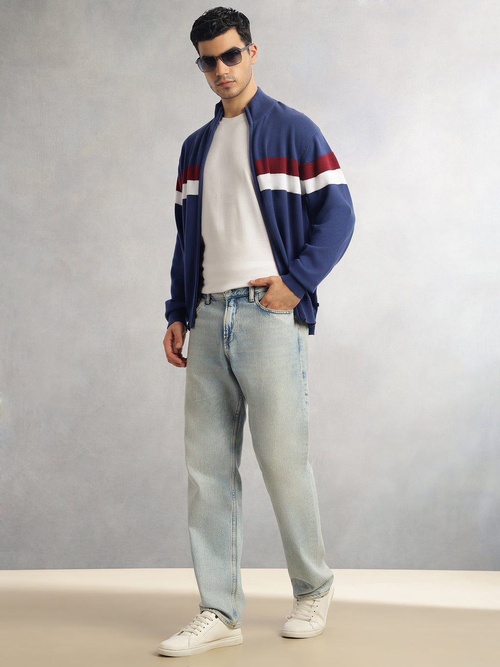Thomas Scott Men Blue Regular Fit Long Sleeves High Neck Self Design 100% Cotton Knitted Sweatshirt