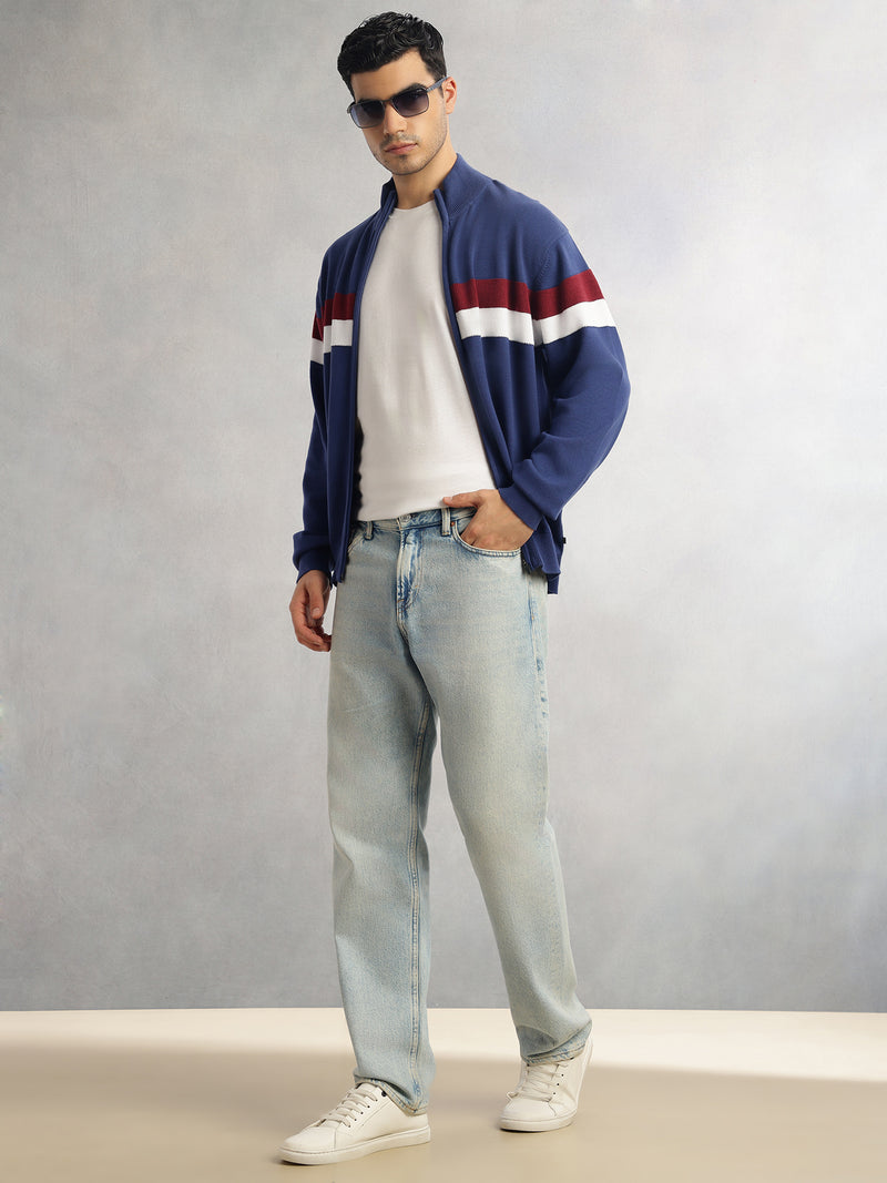 Thomas Scott Men Blue Regular Fit Long Sleeves High Neck Self Design 100% Cotton Knitted Sweatshirt