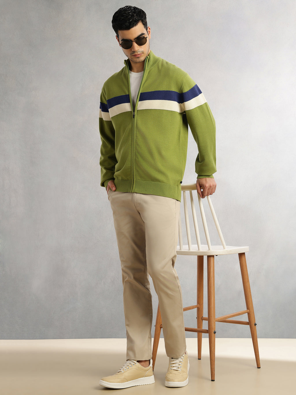 Thomas Scott Men Green Regular Fit Long Sleeves High Neck Self Design 100% Cotton Knitted Sweatshirt