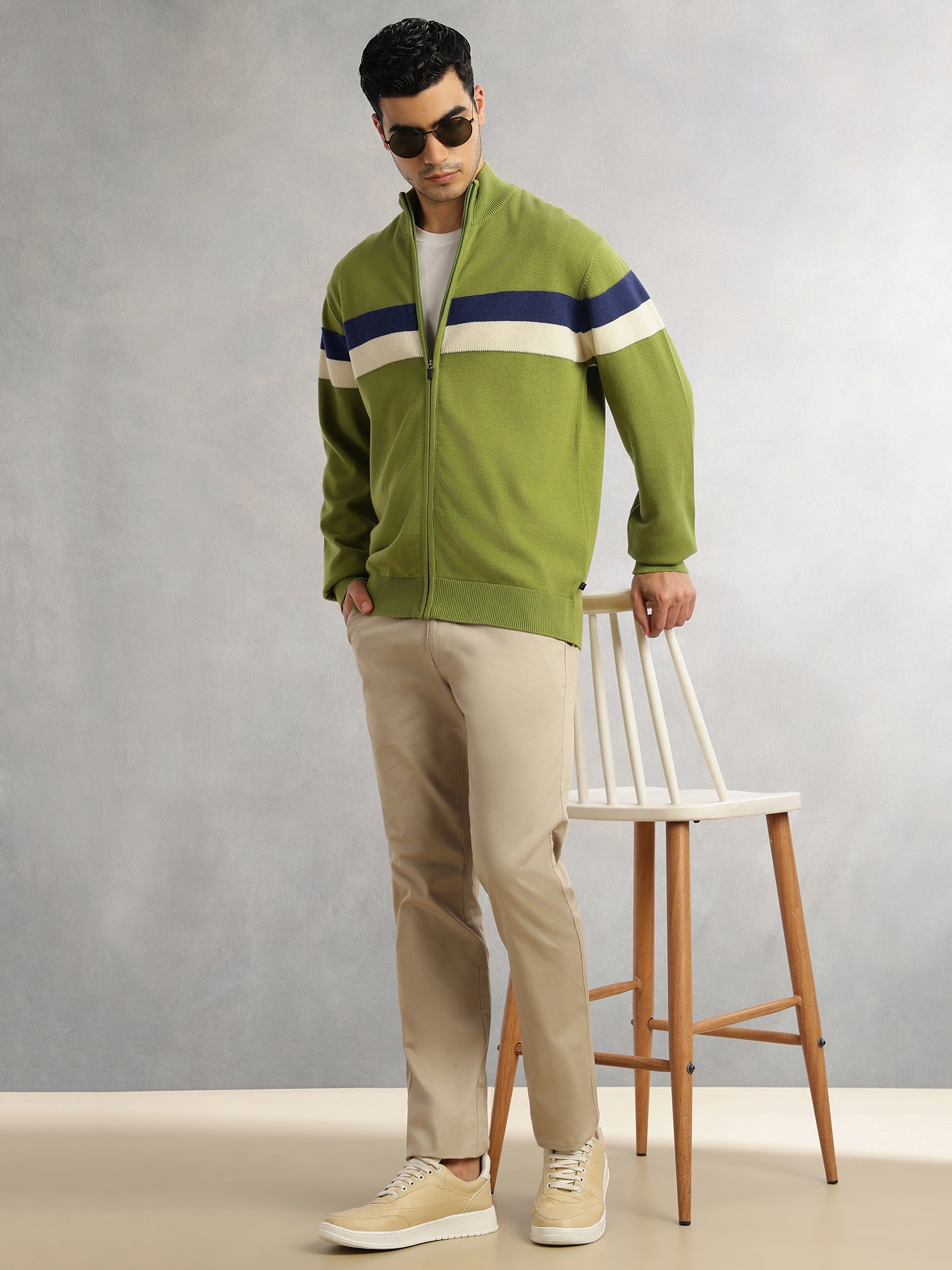 Thomas Scott Men Green Regular Fit Long Sleeves High Neck Self Design 100% Cotton Knitted Sweatshirt