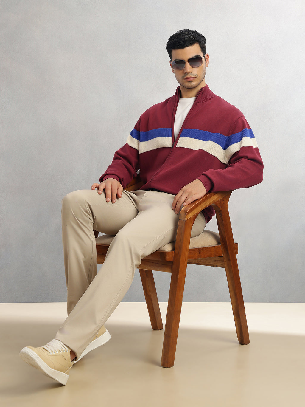 Thomas Scott Men Red Regular Fit Long Sleeves High Neck Self Design 100% Cotton Knitted Sweatshirt