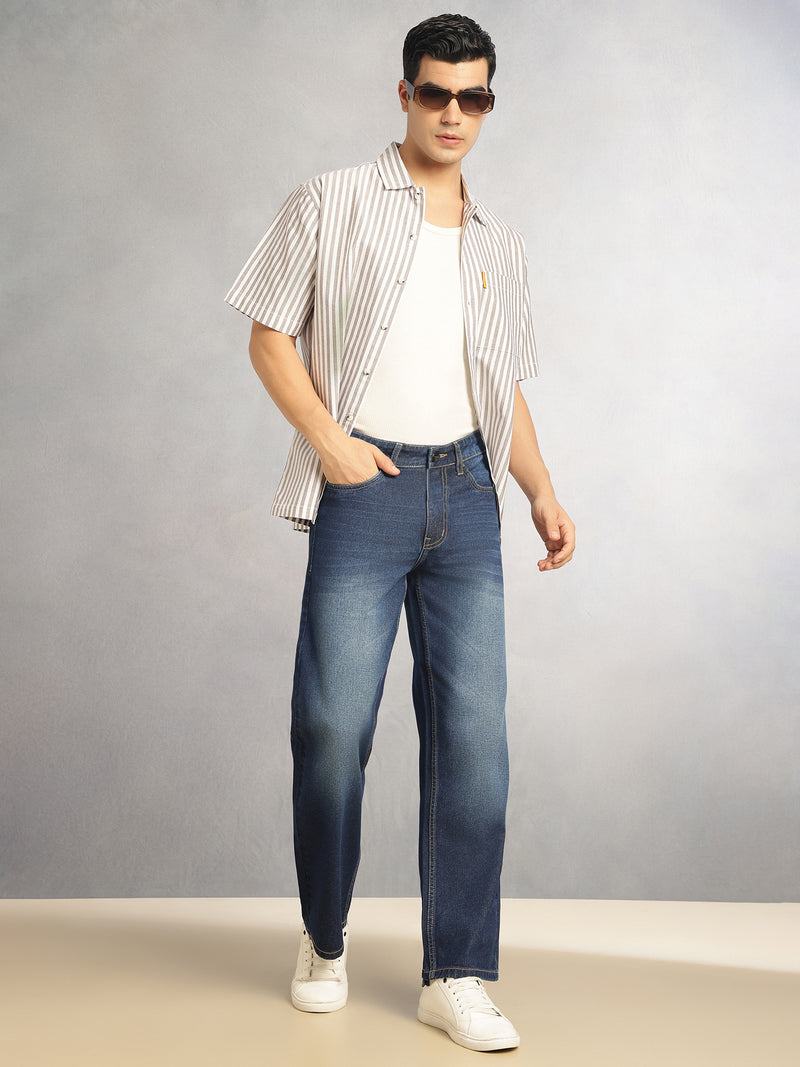 Thomas Scott Men Dark Blue Mid-Rise Baggy Fit Light Fade 100% Cotton Non Stretchable Jeans
