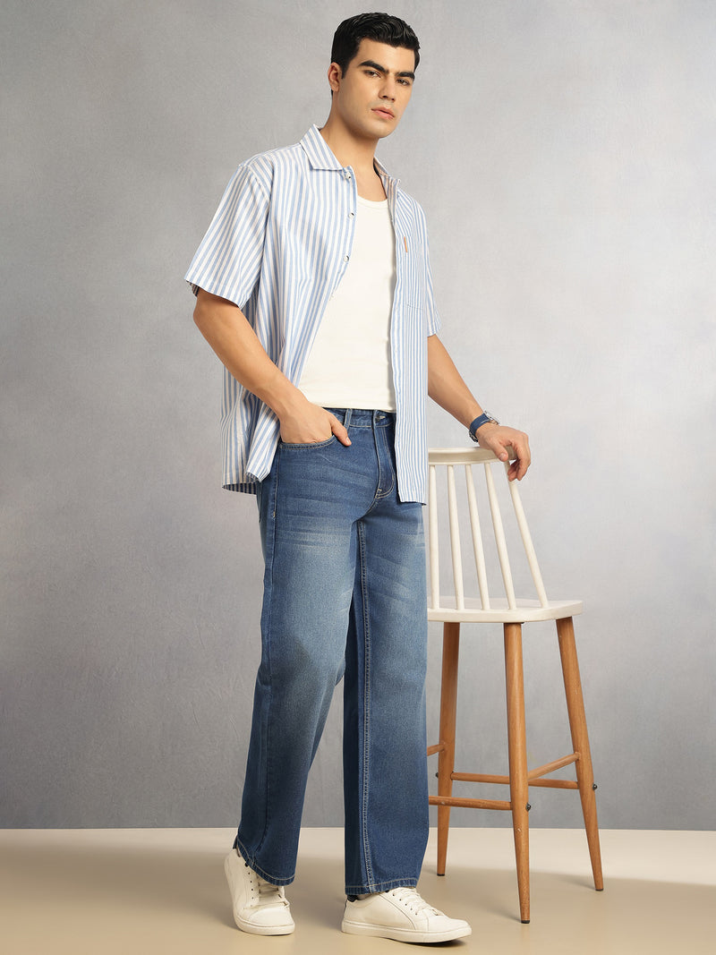 Thomas Scott Men Mid Blue Mid-Rise Baggy Fit Light Fade Clean Look 100% Cotton Non Stretchable Jeans