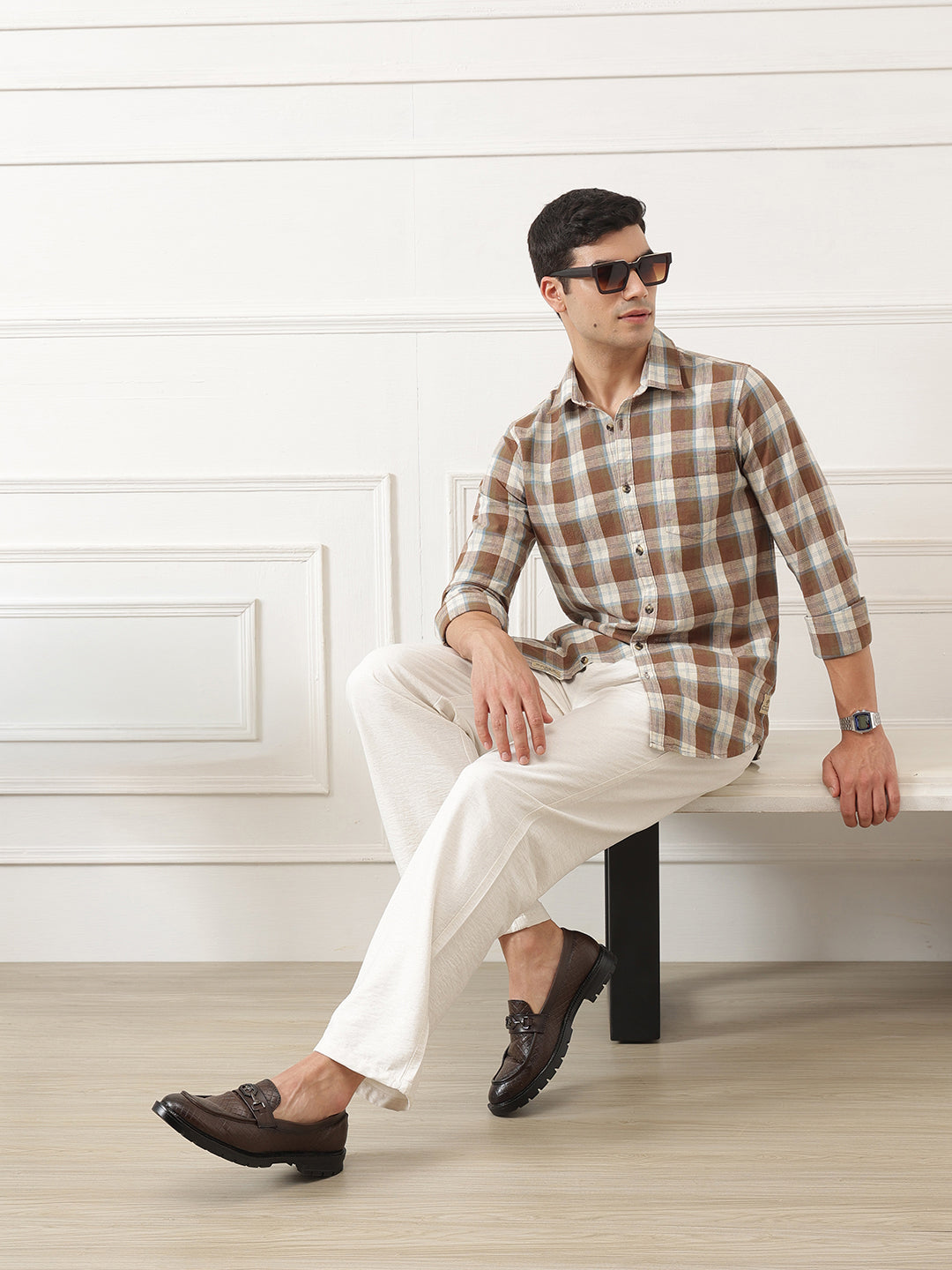 Brown Premium Slim Fit Graphic Checked Cotton Linen Casual Shirt For Men