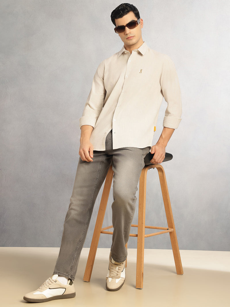 Thomas Scott Men Beige Cricket Club Collection Slim Fit Long Sleeves Spread Collar Pinstripes Cotton Linen Casual Shirt