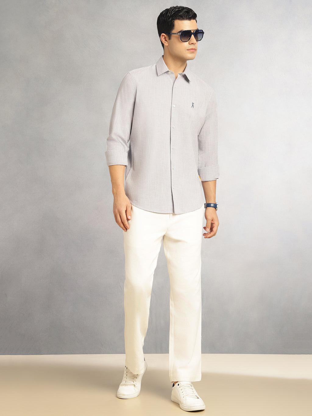 Thomas Scott Men Grey Cricket Club Collection Slim Fit Long Sleeves Spread Collar Pinstripes Cotton Linen Casual Shirt