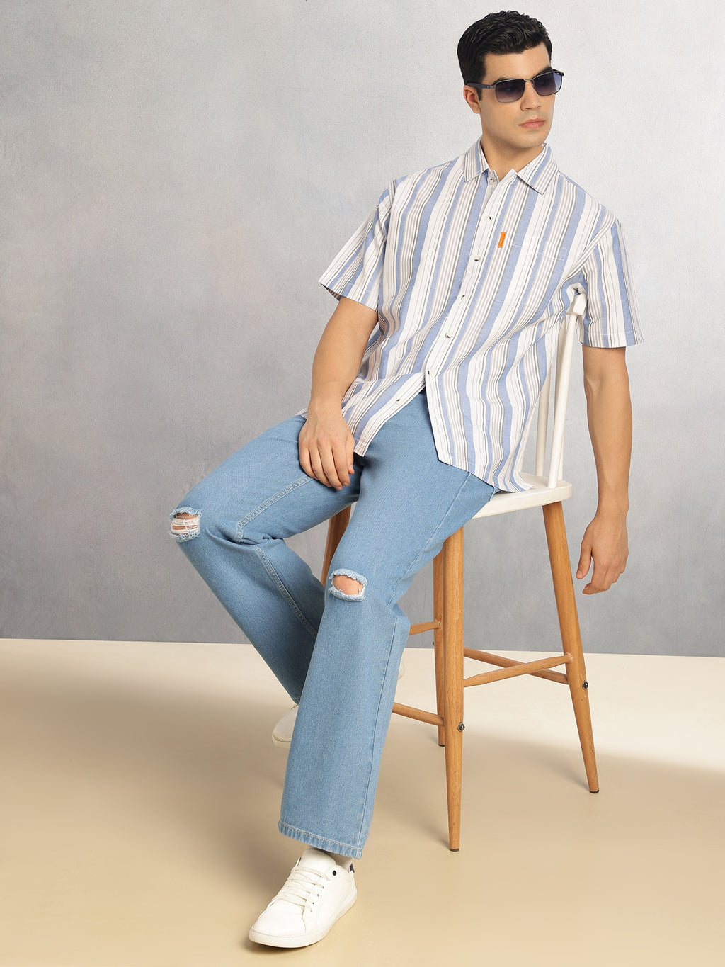 Thomas Scott Men Blue Cricket Club Collection Oversized Short Sleeves Cuban Collar Vertical Striped 100% Cotton Oxford Casual Shirt