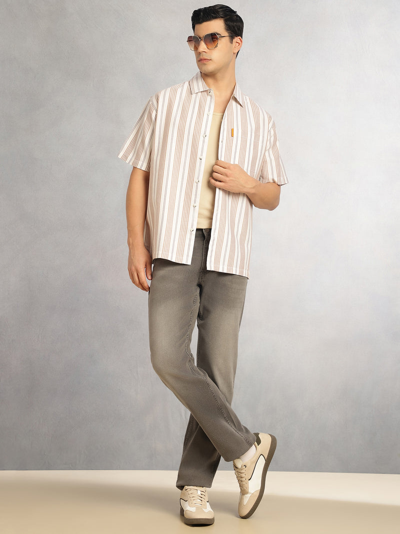 Thomas Scott Men Beige Cricket Club Collection Oversized Short Sleeves Cuban Collar Vertical Striped 100% Cotton Oxford Casual Shirt