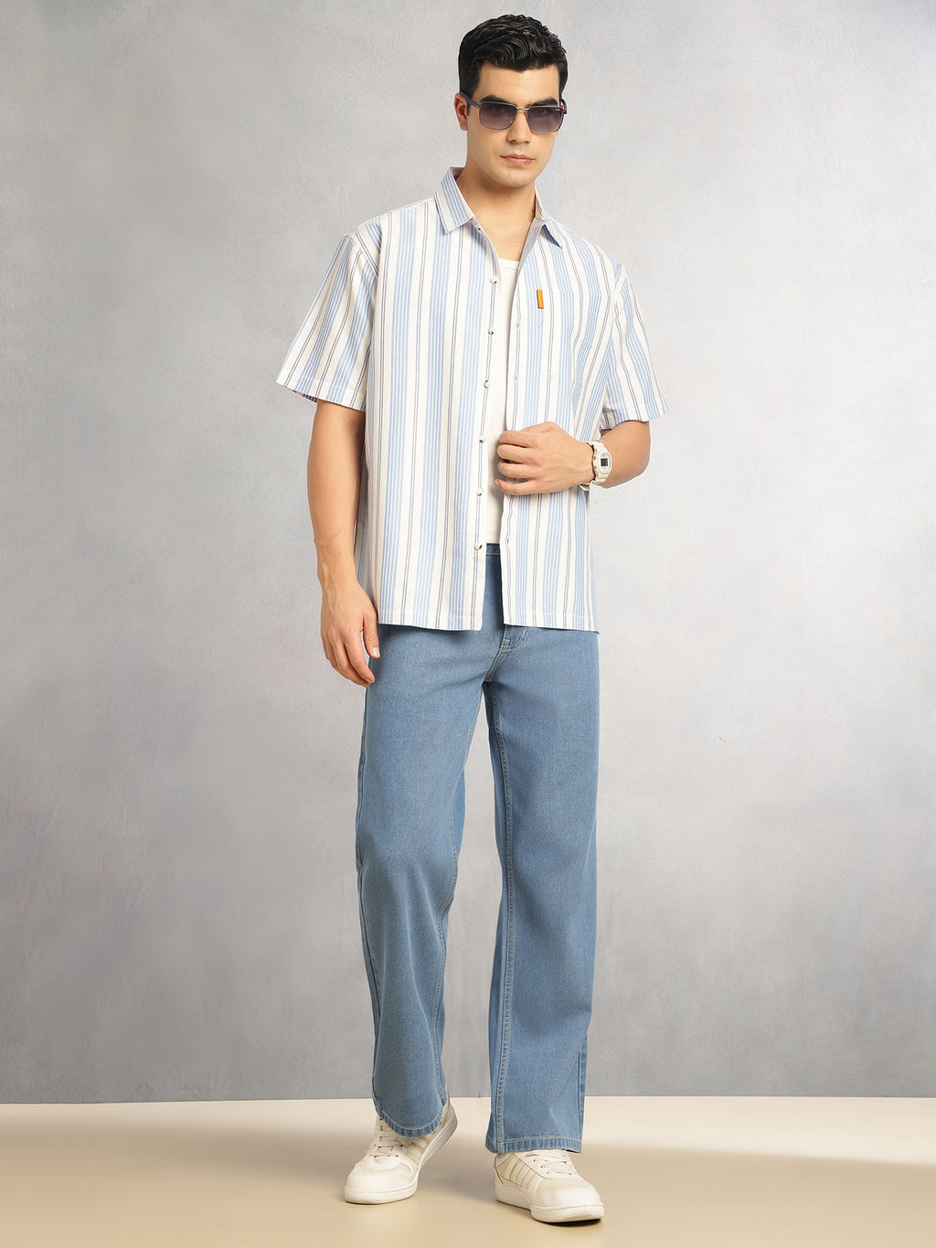 Thomas Scott Men Blue Cricket Club Collection Oversized Short Sleeves Cuban Collar Vertical Striped 100% Cotton Oxford Casual Shirt