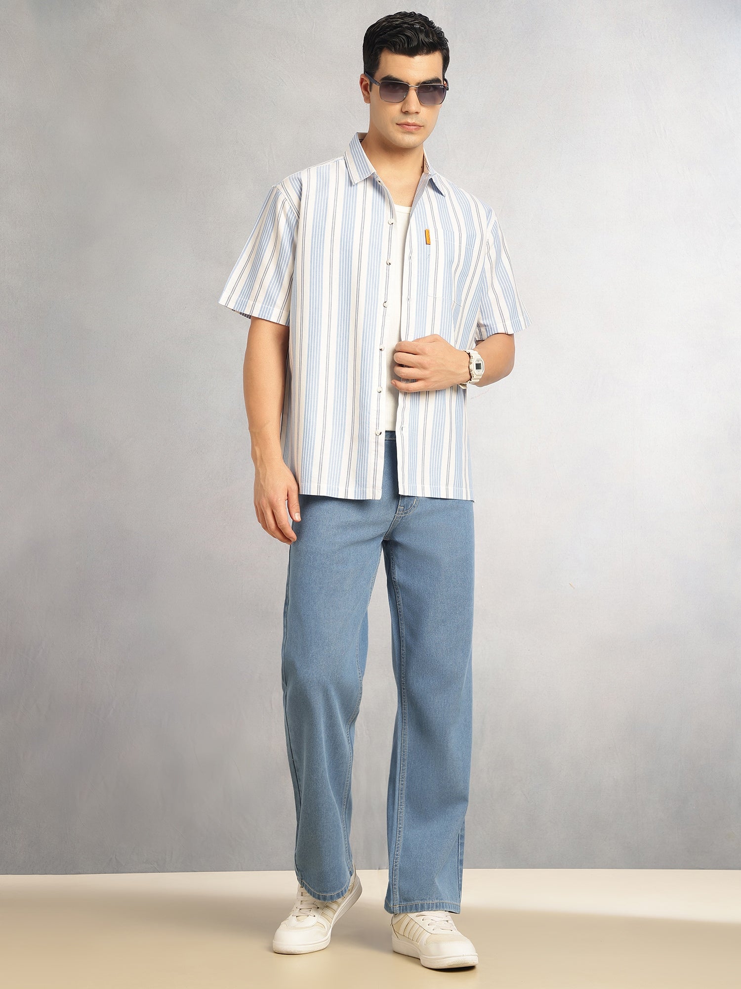 Thomas Scott Men Blue Cricket Club Collection Oversized Short Sleeves Cuban Collar Vertical Striped 100% Cotton Oxford Casual Shirt
