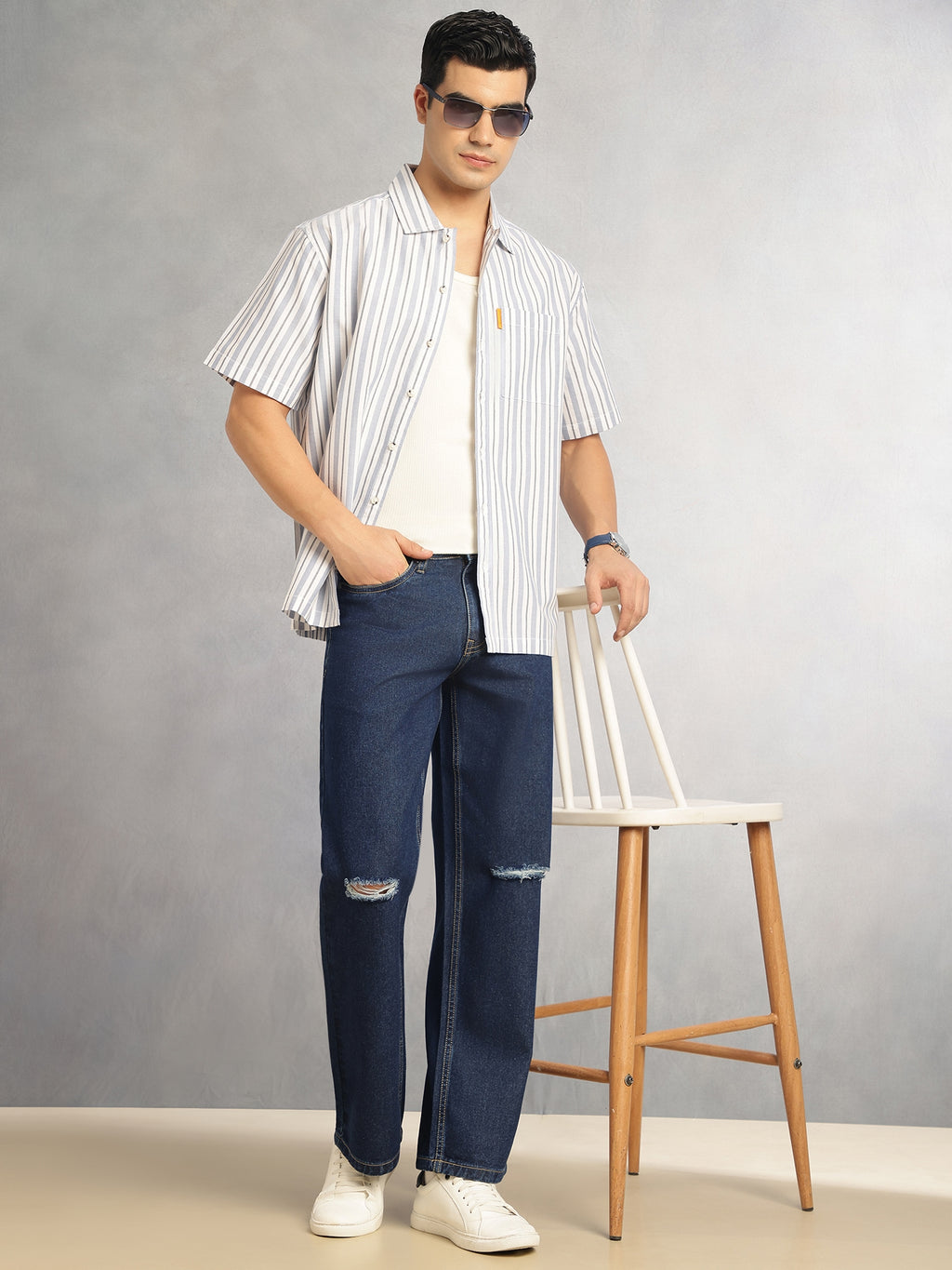 Thomas Scott Men Blue Cricket Club Collection Oversized Short Sleeves Cuban Collar Vertical Striped 100% Cotton Oxford Casual Shirt