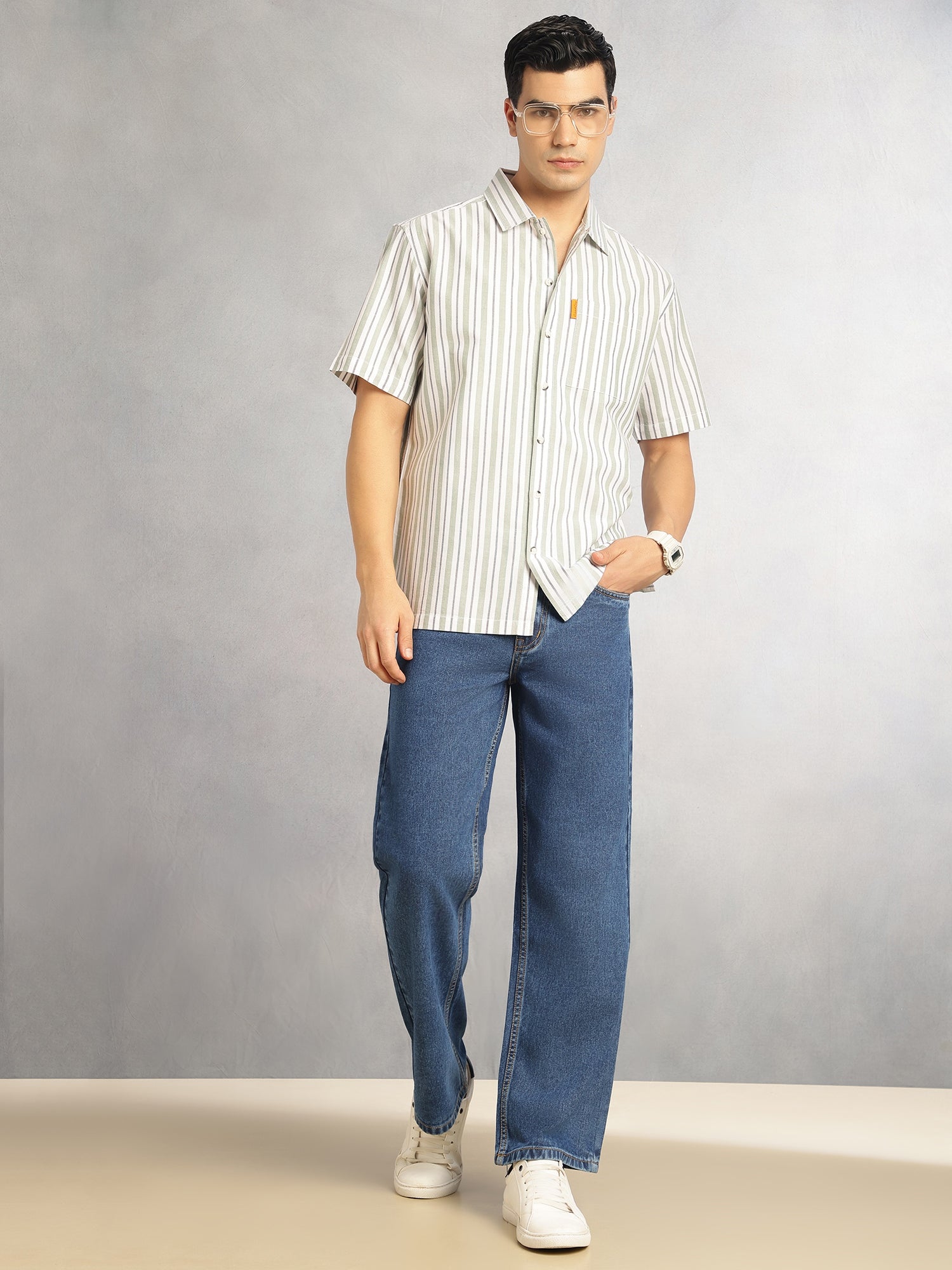 Thomas Scott Men Green Cricket Club Collection Oversized Short Sleeves Cuban Collar Vertical Striped 100% Cotton Oxford Casual Shirt