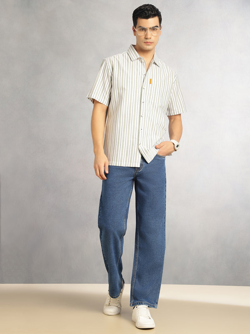 Thomas Scott Men Green Cricket Club Collection Oversized Short Sleeves Cuban Collar Vertical Striped 100% Cotton Oxford Casual Shirt