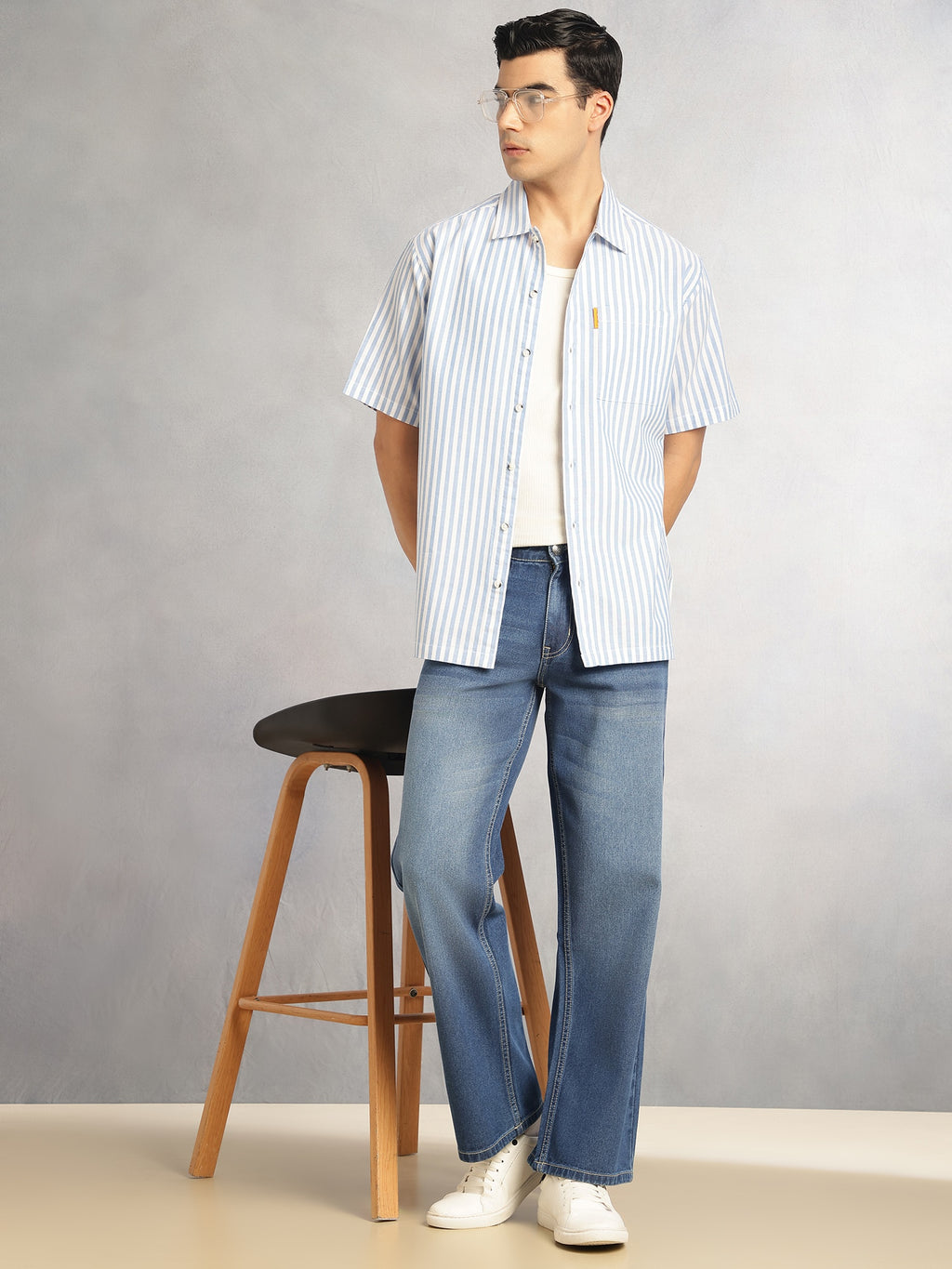 Thomas Scott Men Blue Cricket Club Collection Oversized Short Sleeves Cuban Collar Vertical Striped 100% Cotton Oxford Casual Shirt