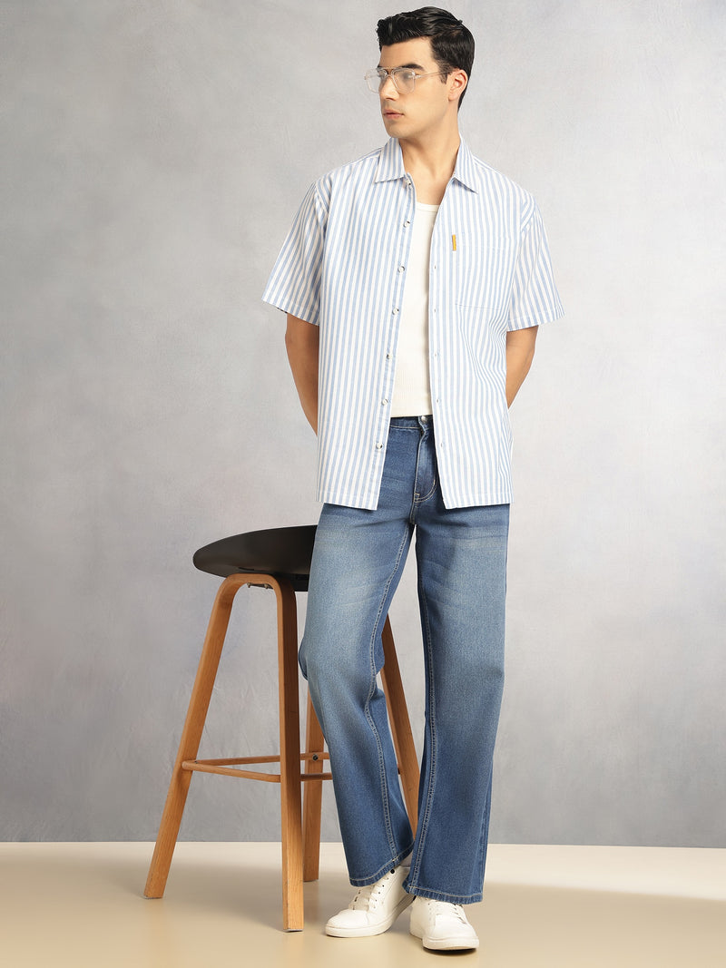 Thomas Scott Men Blue Cricket Club Collection Oversized Short Sleeves Cuban Collar Vertical Striped 100% Cotton Oxford Casual Shirt