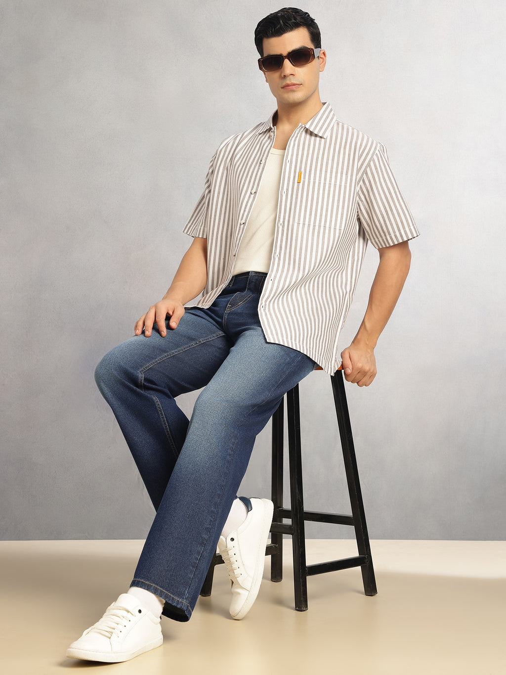 Thomas Scott Men Brown Cricket Club Collection Oversized Short Sleeves Cuban Collar Vertical Striped 100% Cotton Oxford Casual Shirt