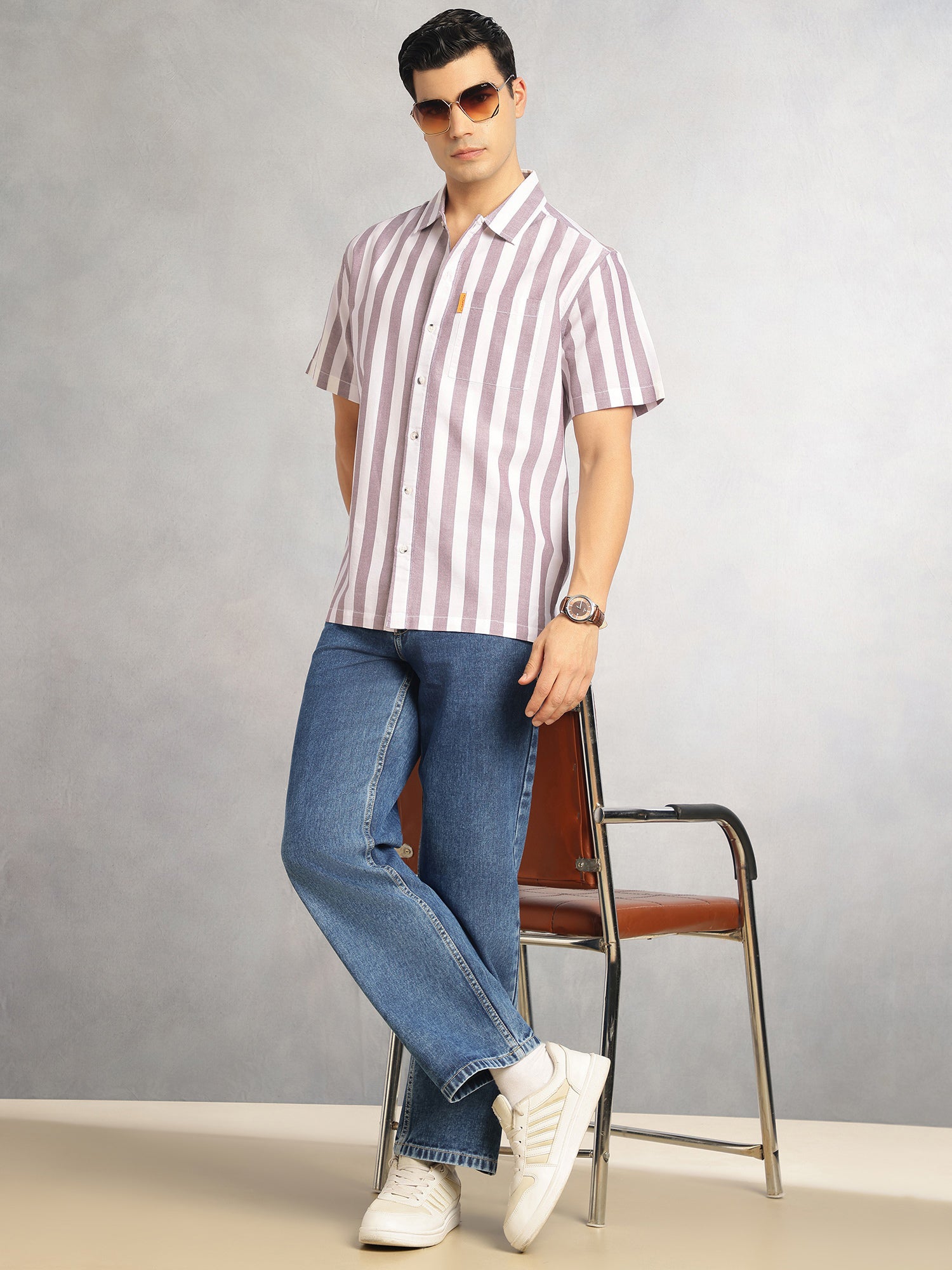 Thomas Scott Men Maroon Cricket Club Collection Oversized Short Sleeves Cuban Collar Vertical Striped 100% Cotton Oxford Casual Shirt