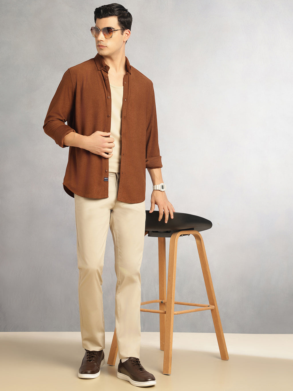 Thomas Scott Men Brown Slim Fit Long Sleeves Button-Down Collar Corduroy Shirt
