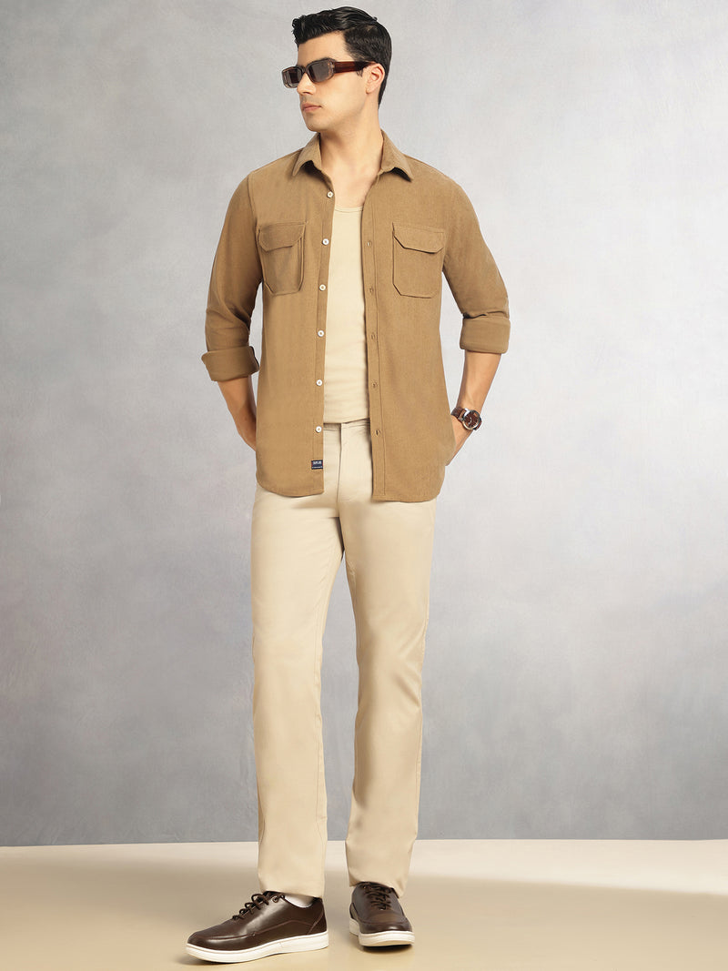 Thomas Scott Men Khaki Regular Fit Long Sleeves Spread Collar Corduroy Casual Shirt
