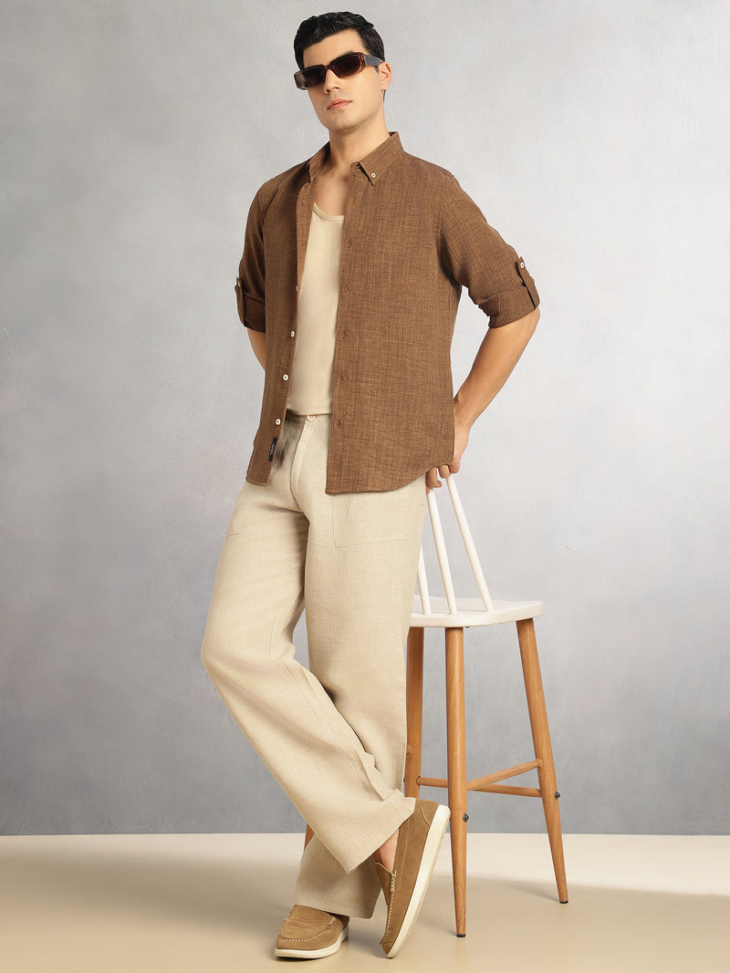 Thomas Scott Men Coffee Slim Fit Long Sleeves Button-Down Collar Polyester Casual Shirt