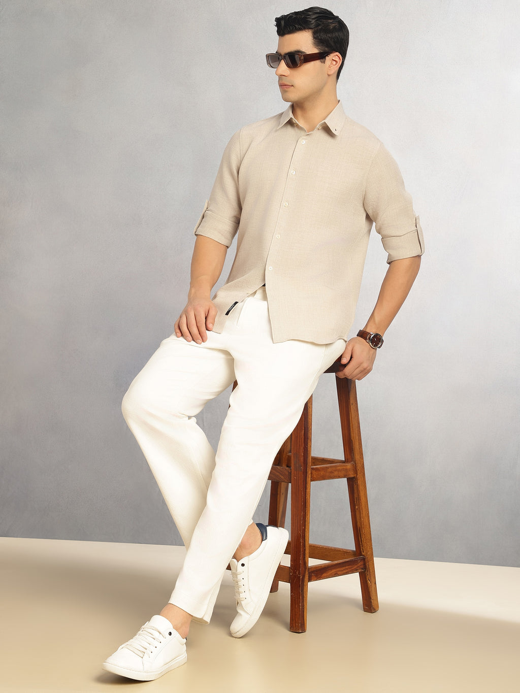 Thomas Scott Men Fawn Slim Fit Long Sleeves Button-Down Collar Polyester Casual Shirt