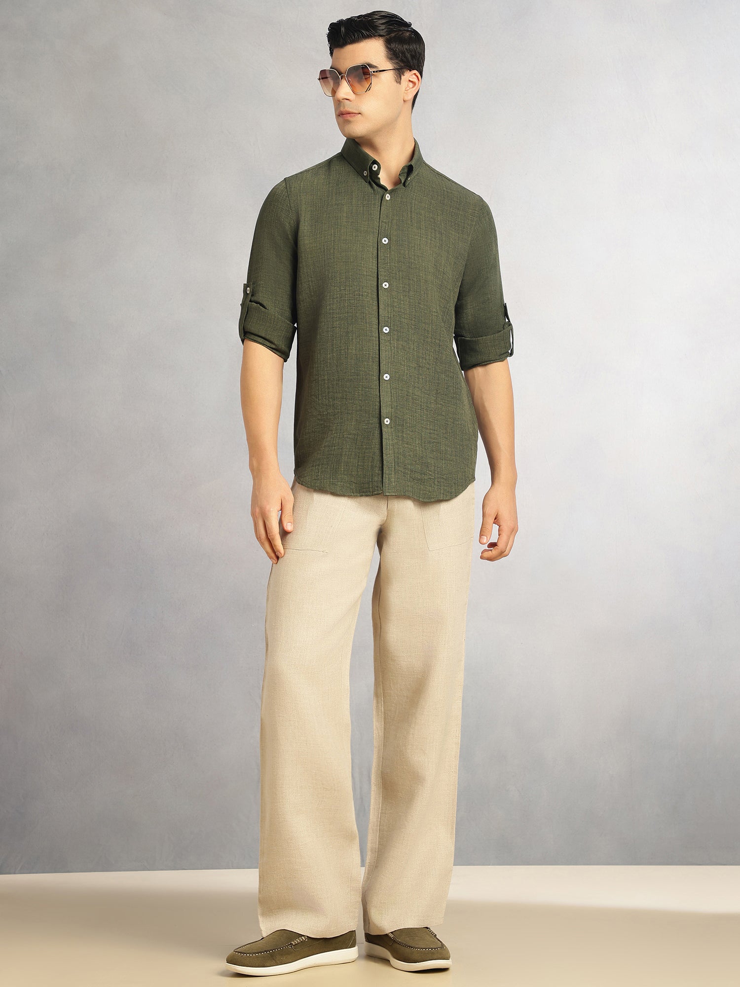 Thomas Scott Men Forest Green Slim Fit Long Sleeves Button-Down Collar Polyester Casual Shirt
