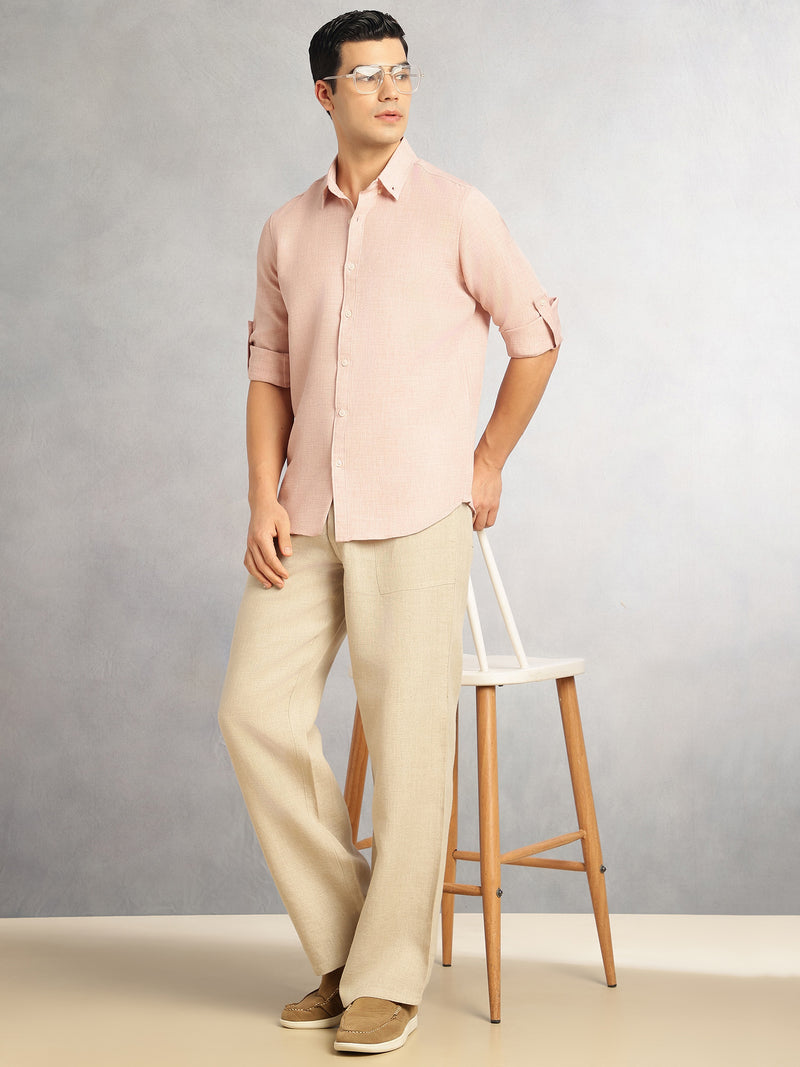 Thomas Scott Men Peach Slim Fit Long Sleeves Button-Down Collar Polyester Casual Shirt