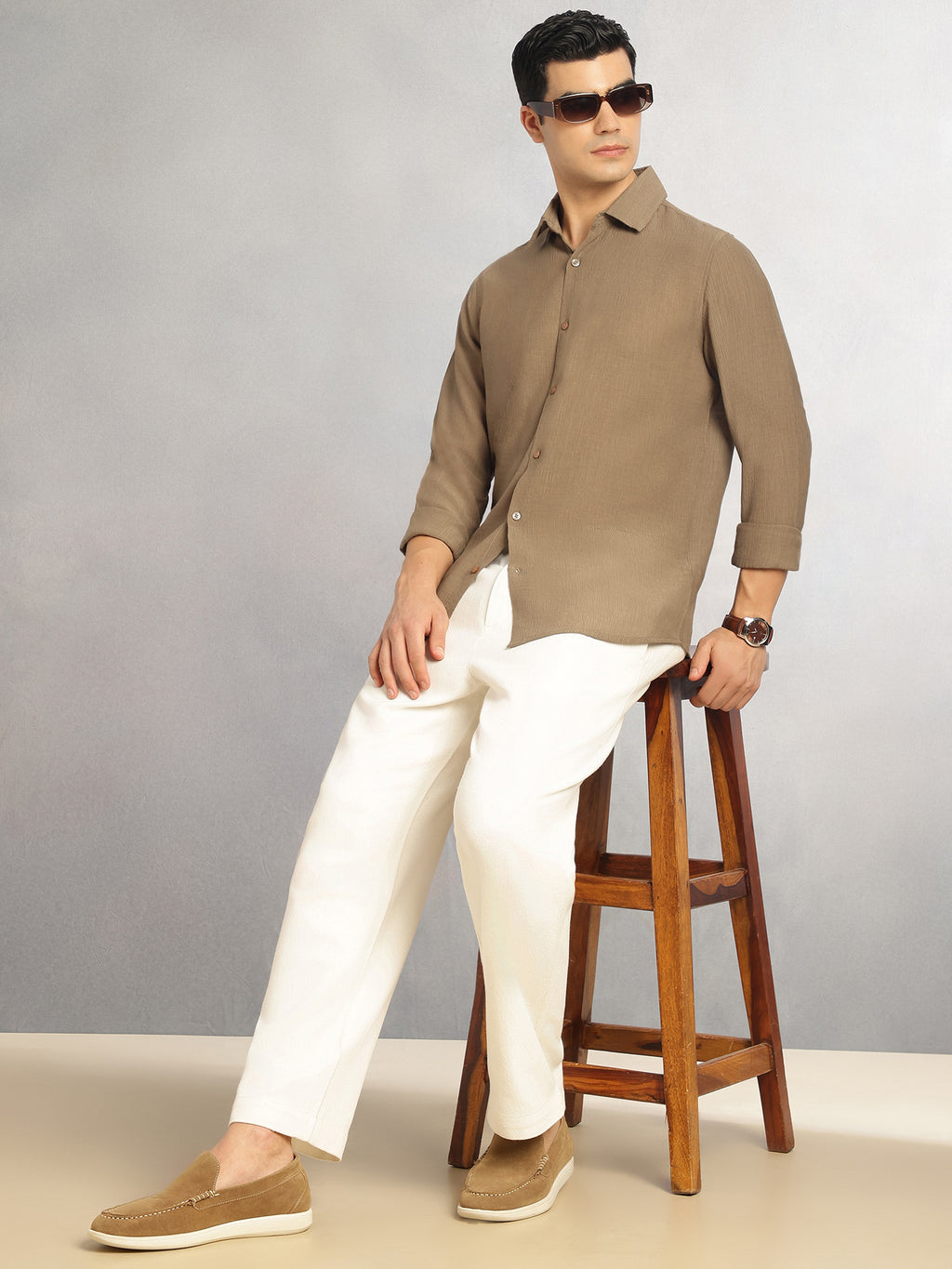 Thomas Scott Men Brown Regular Fit Long Sleeves Spread Colllar Textured Polyester Casual Shirt