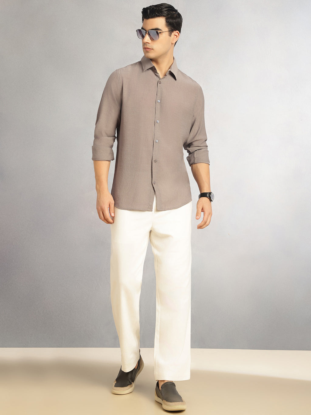 Thomas Scott Men Grey Regular Fit Long Sleeves Spread Colllar Textured Polyester Casual Shirt