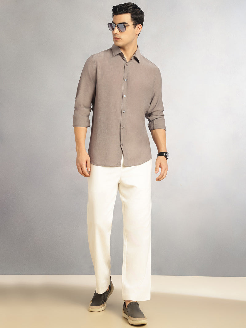 Thomas Scott Men Grey Regular Fit Long Sleeves Spread Colllar Textured Polyester Casual Shirt