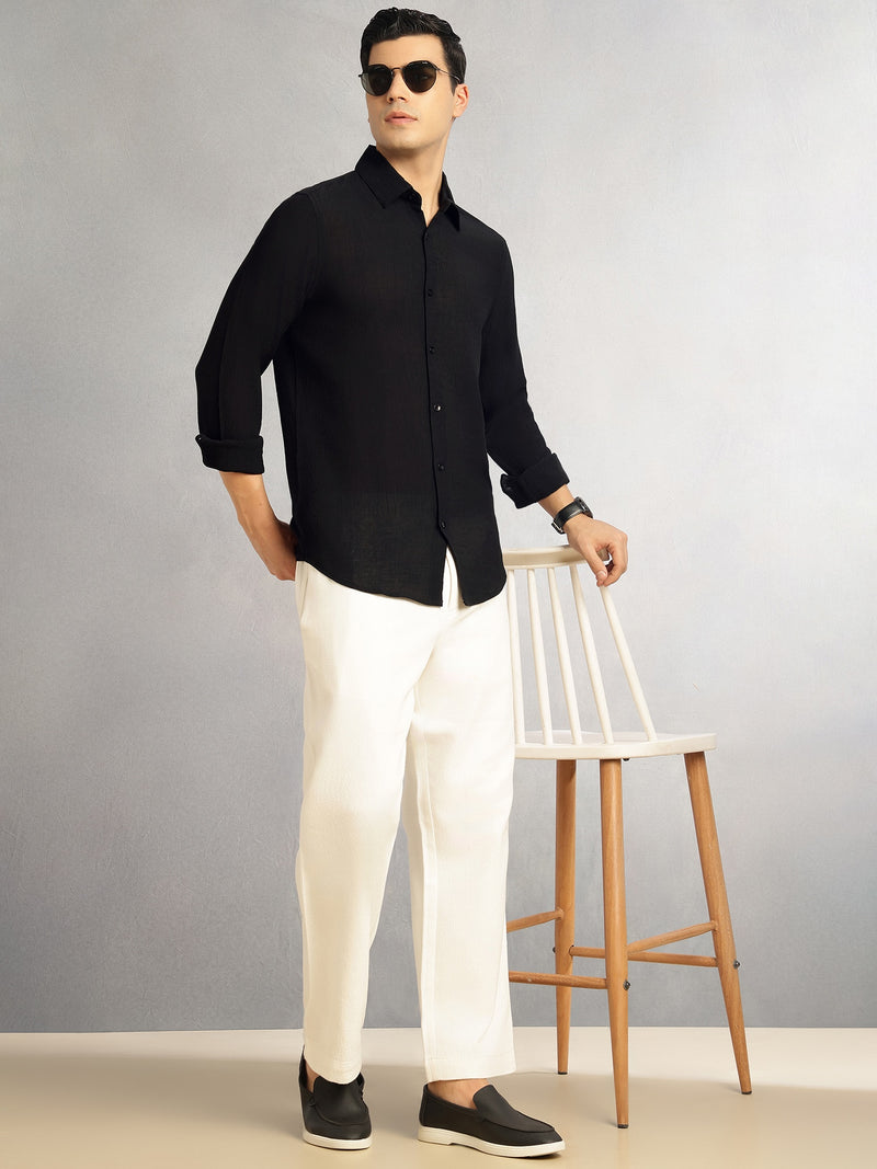 Thomas Scott Men Black Regular Fit Long Sleeves Spread Colllar Textured Polyester Casual Shirt