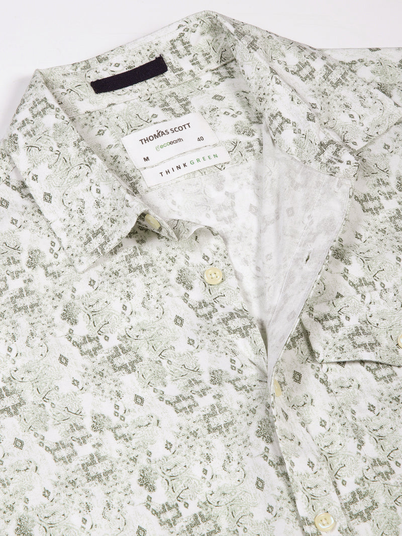 Thomas Scott Men Olive Regular Fit Short Sleeves Spread Collar Ethnic Motifs Printed Casual Shirt