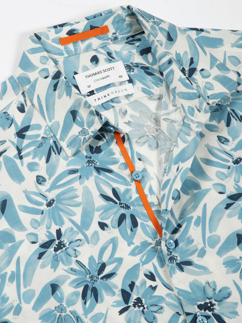 Thomas Scott Men Aqua Regular Fit Short Sleeves Spread Collar Tropical Printed Casual Shirt